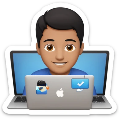 make an emoji of a happy male black hair developer behind laptop sticker