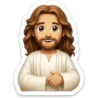Jesus animated childish honey-colored eyes abundant wavy brown hair rosy cheeks white tunic tender and loving playing sticker