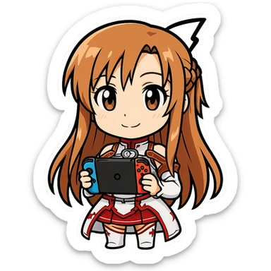 Make the character look more like Asuna from Sword Art Online, holding a video game. The style should be cartoonish sticker style with no background. Keep the cartoonish sticker look in the general style editor. sticker