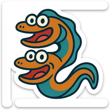 an eel with two mouths, cartoon style, vibrant colors, playful expression sticker