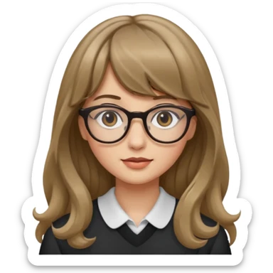 Uma garota de cabelo ondulado loiro escuro,mas com franja lisa e olhos pretos,usa óculos e a cor de pele branca,e o cabelo LONGO sticker