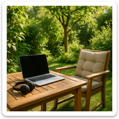 Outdoor home office with laptop, headphones, garden furniture, nature, productive mood sticker