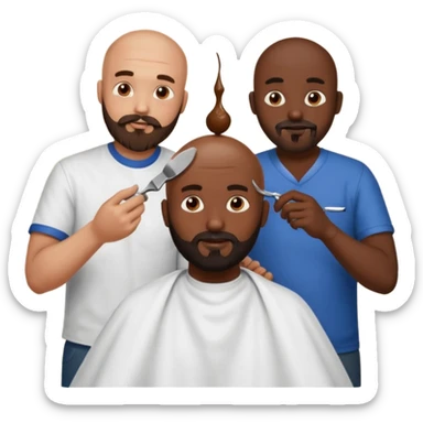 A bald man with a dark brown beard cutting someone’s hair at a barber shop and the other guy is eating a poop ball and the poop ball has eyes sticker