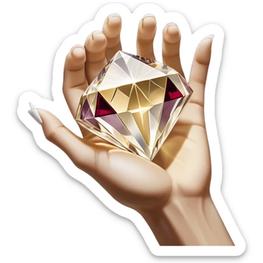 White pov hand outline gripping a shattered diamond prism, light shards projecting luxury items (e.g., perfume, gold bars), deep burgundy (#4A0E27) and onyx (#000000) background with metallic gold (#FFD700) fractures, dramatic chiaroscuro lighting, edgy opulence sticker
