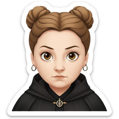 Alecto Carrow in harry potter, a white fat woman , one knot bun light brown hair, look evil, black cloak sticker