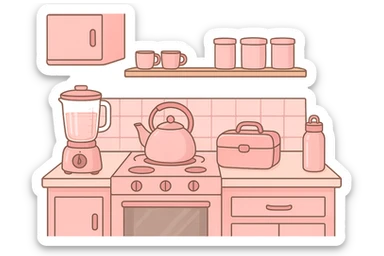 themed pink kitchen with pink blender, pink teapot, pink lunchbox, pink water bottle, all matching, cute sticker