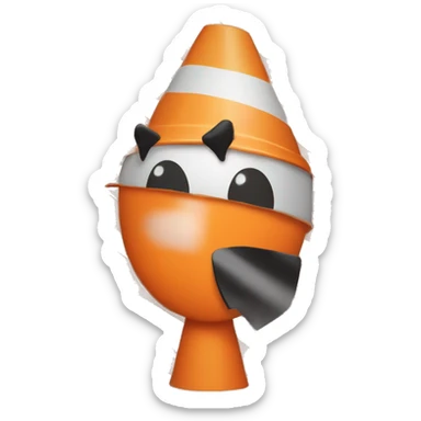 A guy with a orange traffic cone on his head that goes all the way down to his eyes  sticker
