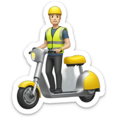 a bald white man with a yellow safety vest with a yellow bicycle helmet on a xiaomi e-scooter sticker