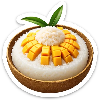 cinematic-realistic-mango-sticky-rice-dessert-emoji,-showcasing-sweet-sticky-rice out of a mould-paired-with-ripe-mango-slices-and-coconut-milk-rendered-with-lifelike-detail-and-warm,-inviting-lighting with the coconut  milk over the rice sticker