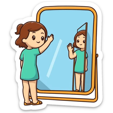 White girl with brown hair checking herself in a wall mirror sticker
