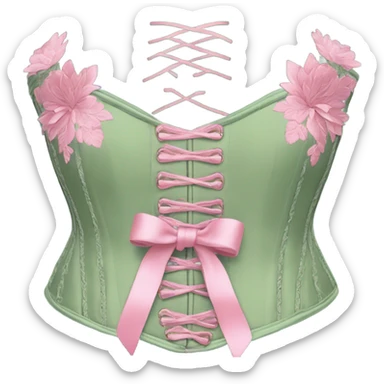 Sage green corset with flower embroidery and pink bows, isolated sticker