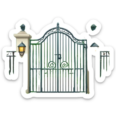 house entrance with iron gate and fence surrounded by lush green plants and bushes sticker