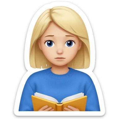 blonde girl in a blue sweater with a tired look studies lessons emoji ios 18.1 sticker