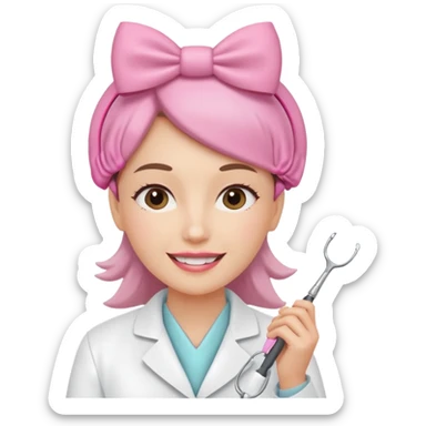oji style illustration of a female dentist, friendly and smiling, wearing a white coat, with a small pink bow on her head, representing oral cancer awareness, caring and healing, soft colors, simple design, flat illustration, white background. sticker