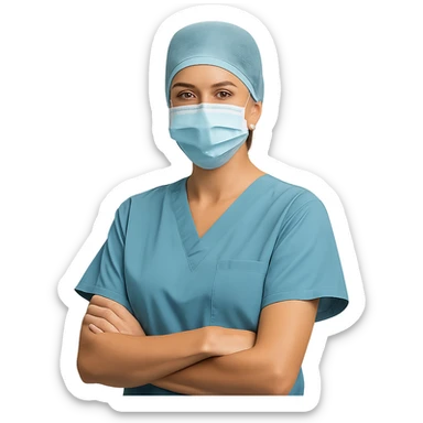 doctor, female, wearing scrubs, with a mask sticker