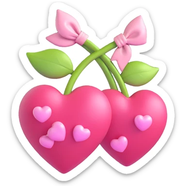 two shiny pink cherries shaped like hearts, tied together with a soft pink bow, white background sticker