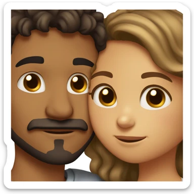 Girl with dark hair, hazel eyes and tan skin hugging a boy with brown curly hair, brown eyes and a mustache and goatee sticker