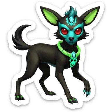 Hyper realistic slim horned skeletal black and neon green futuristic shiny colorful bioluminescent cyber-Poochyena-Zorua-Litten-Houndoom-Fakémon-Pokémon-Digimon-hybrid-fusion (full body) with a skull-mask-face sticker