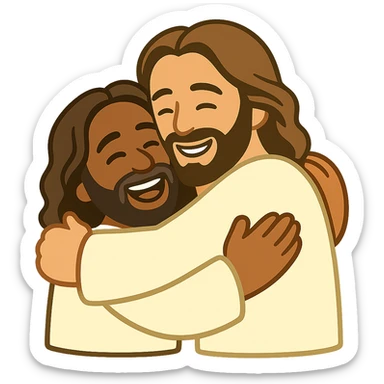 Edit the image of Jesus hugging a person in a basic emoji style with flat colors and outlined shapes. Both characters should have cheerful expressions. The background should be transparent. The style should resemble simple emoji art with clear outlines and flat colors. sticker