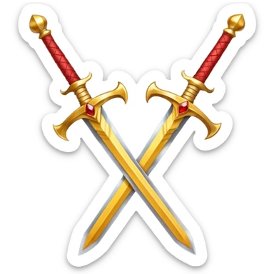 Two crossed swords that are golden in blade and handle and have fiery and royal appearence to them as well as red gem stones yellow in color sticker