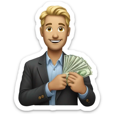 HEAD OF A MAN who looks happy, in his hand he holds money that he is wanting to offer for a sale purchase sticker