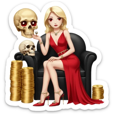 Lilith symbol red eye seductress evil shoulder length blonde haired powerful woman with Gucci  long dress with slit, sitting on of gold and diamonds. Black Platform high heels on feet. seat full of stacks,  dead human skull of her enemies in her other hand sticker