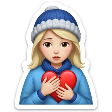 woman broken hearted, shedding a tear, looking down sad holding her heart breaking, wearing a winter outfit sticker