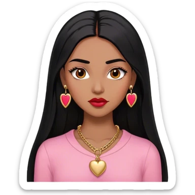 Woman,Medium brown skin,super long black straight hair, medium brown arched eyebrows, full lashes, red nude lips, small stud earrings, gold heart locket, pink shirt sticker
