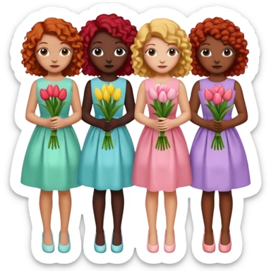 5 girls at a garden party wearing pastel dresses and holding tulips, one is black, one is blond, one has brown hair, one has red hair, the last one is has curly hair sticker