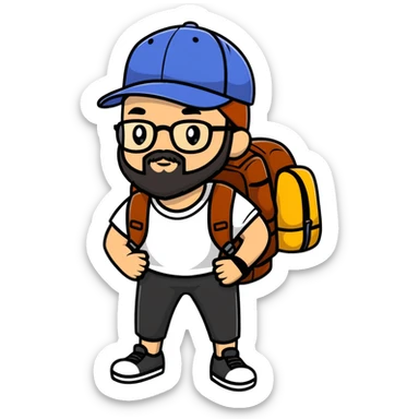 adventurer with backpack, small beard, glasses and backwards baseball cap sticker
