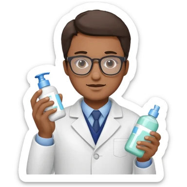 man with white coat and glasses holding skincare products sticker