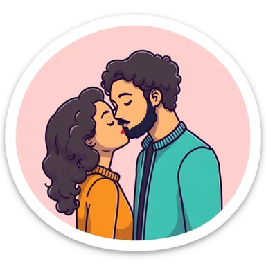 Curly haired girl kissing straight hair man with beard, romantic couple sticker