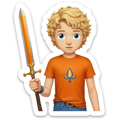 20 year old boy with curly blond hair and blue eyes with freckles wearing an orange no blue “Camp Halfblood” tshirt with the official percy jackson camp halfblood logo on it and blue jeans have him swinging a gold sword  sticker