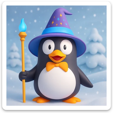 Add a snowy background behind the penguin wizard, keeping the 3D emoji style with a Microsoft fluent 3D look. sticker