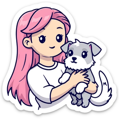 Girl with long flowing pink hair holding a white schnauzer dog sticker