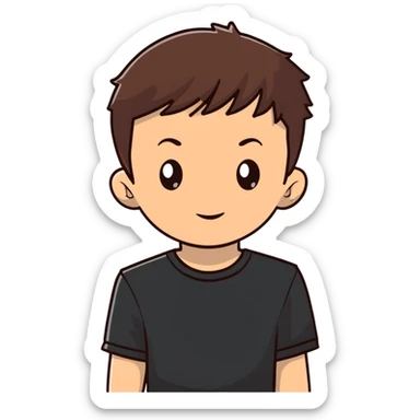 boy with straight short brunette hair brown eyes black tshirt on and tree behind sticker