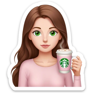 pretty woman with very long brown hair and green eyes and light pink outfit drinking a latte sticker