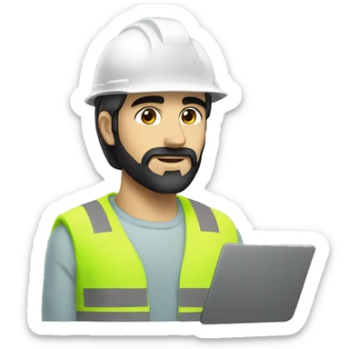 A young Armenian builder engineer with a light black beard, a white helmet and a phosphorescent protection jacket sticker