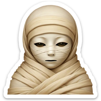 A snug, cozily wrapped mummy, fully encased in soft, slightly loose bandages, even its face gently hidden behind folds with only a tiny glimpse of sleepy eyes, nestled in warm, faded tones with gentle golden accents, simplified yet irresistibly charming, highly detailed with a soft glowing outline capturing the peaceful aura of an ancient being drifting into rest! sticker
