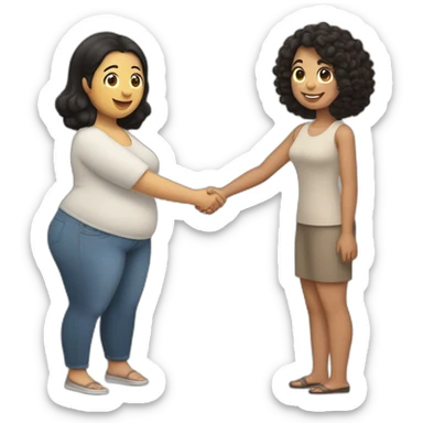 tan chubby woman with black curly hair shakes hands with a chubby pale woman who has straight light brown hair sticker