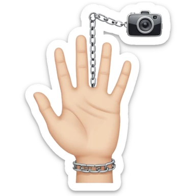 Minimalist emoji-style sticker of a human hand bound by a chain leading to a video camera. Icon-like, clean silhouette, muted tones. sticker
