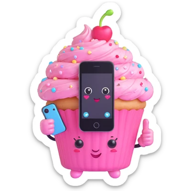 extremely cute 3D kawaii cupcake character, pastel colors, glossy swirled frosting with hearts and sparkles, shiny cherry, big sparkling eyes, holding a phone for a selfie, winking, pastel pink polka dot wrapper, confident pose, floating sparkles, soft lighting, high resolution sticker