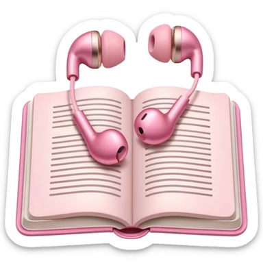  pink Pink Apple-style earbuds lying on an open book, soft pastel tones, cozy and minimal aesthetic, realistic lighting and shadows, top-down view, transparent background" sticker