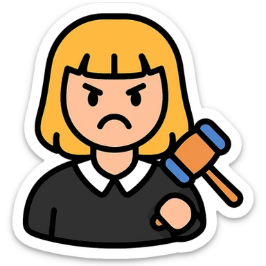 angry judge with blonde shoulder-length hair and bangs sticker