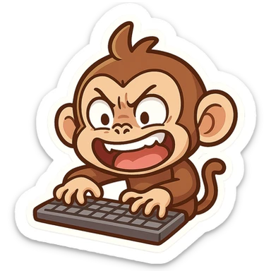 funny style monkey crazily typing on computer keyboard with both hands, exaggerated expression sticker