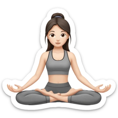 a brunette girl doing yoga, she is wearing a grey fit and she has dark long and loose hair.  sticker