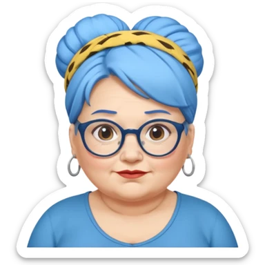 fat old woman with blue big bun hair and glassess and headband sticker