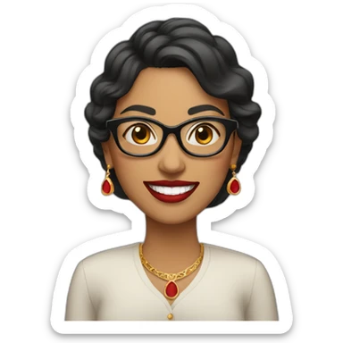 an Indian female with glasses smiling and red lipstick on sticker