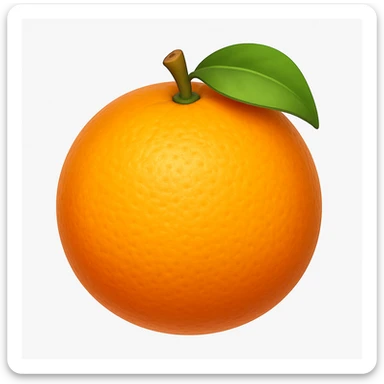 Create an orange fruit emoji in iOS emoji style, 3D, shiny, with smooth gradients, soft shadows, and realistic orange texture. The emoji should not have a face and should resemble the reference image. Add a subtle highlight to the orange surface. sticker