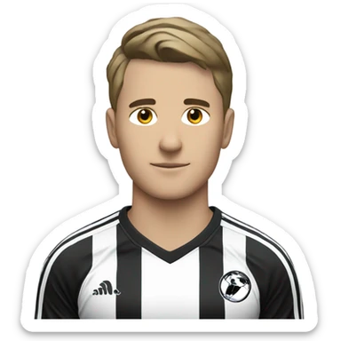 football shirt wit black and white stripes with a small magpie as the badge worn by a white 20 year old sticker